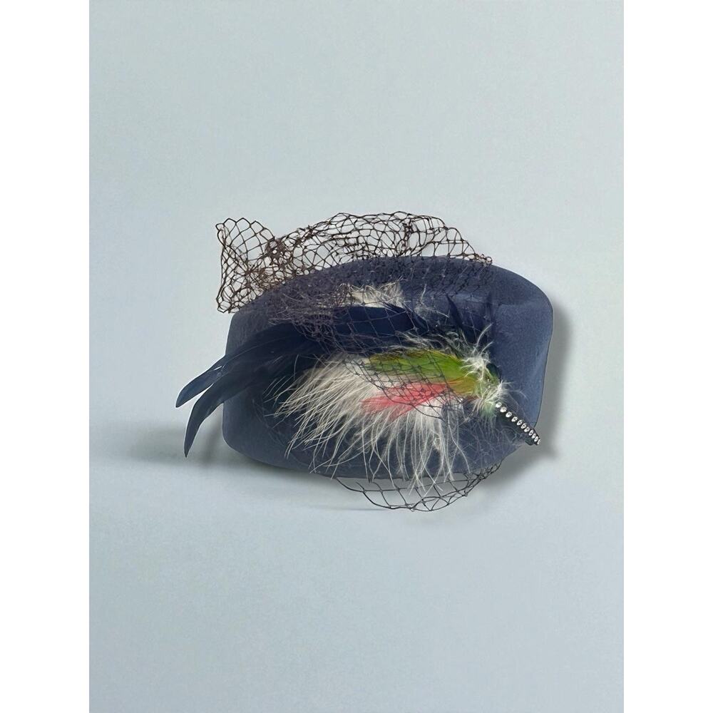 Vintage Mr. Charles Navy Wool Hat Feather Veil Netting 1950s Cocktail Fascinator